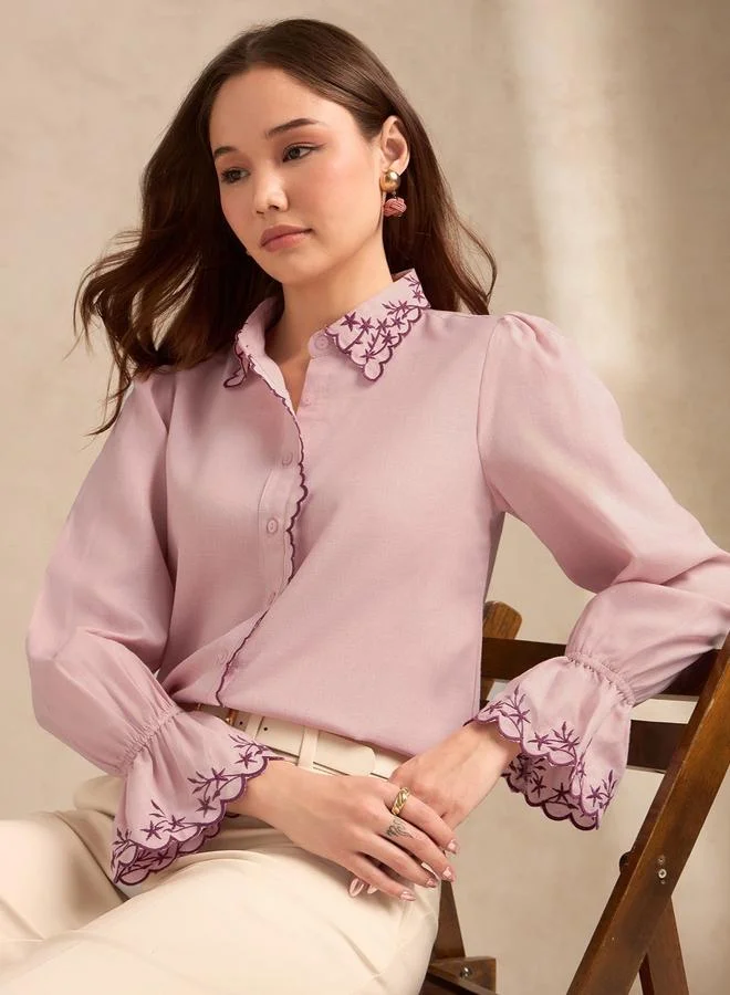 Outzidr Embroidered Pink Long Sleeve Shirt