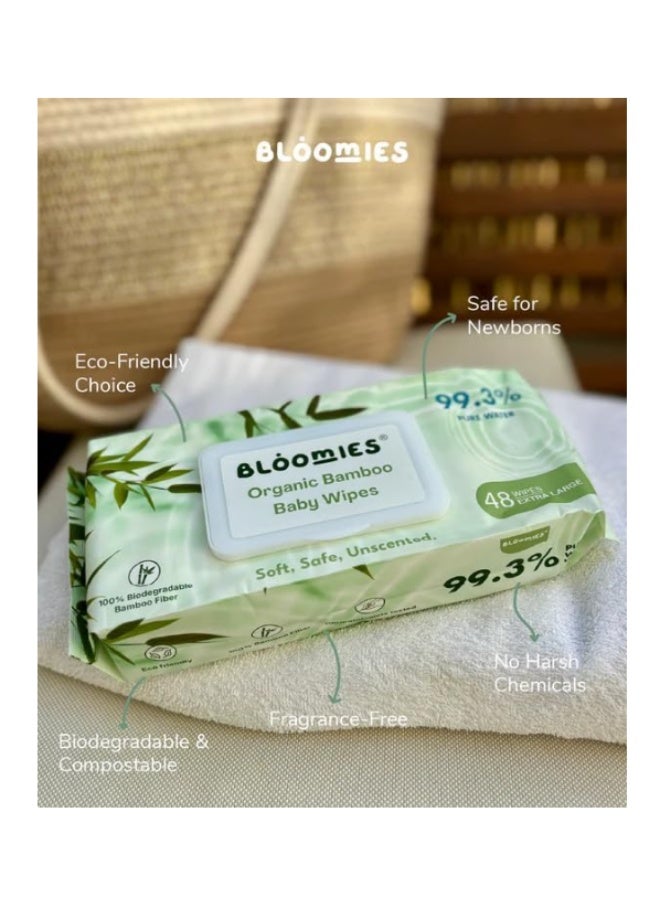 Bloomies Bamboo Baby Wipes, Unscented, Extra large, pack of 48pcs - Image 2