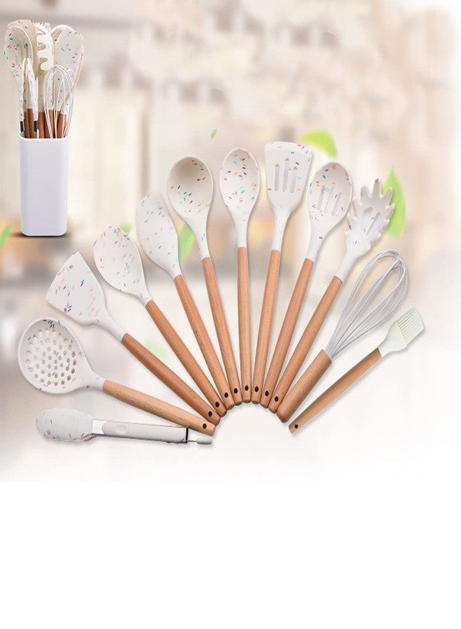 Mocrcrel Chef Kitchen Cooking Utensils Set, Wooden Handle Silicone Kitchen Gadgets Utensil Set,11 pcs Non-Stick Silicone Cooking Kitchen Utensils Spatula (White) - Image 5