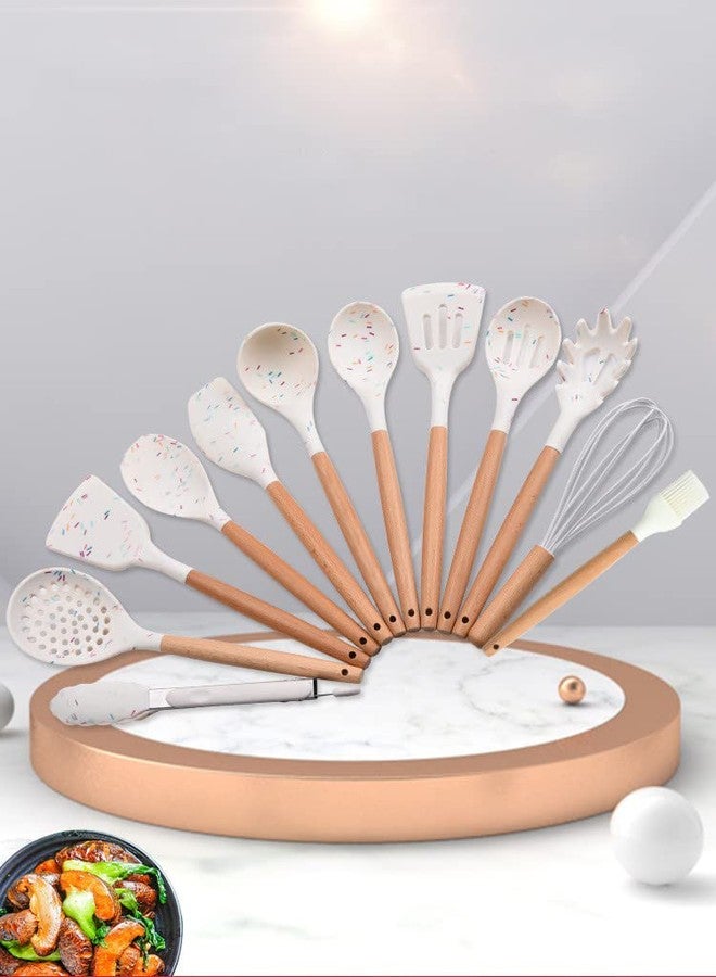 Mocrcrel Chef Kitchen Cooking Utensils Set, Wooden Handle Silicone Kitchen Gadgets Utensil Set,11 pcs Non-Stick Silicone Cooking Kitchen Utensils Spatula (White) - Image 2