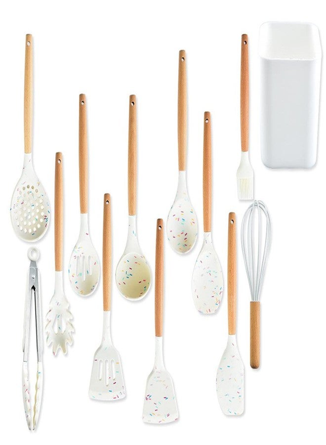 Mocrcrel Chef Kitchen Cooking Utensils Set, Wooden Handle Silicone Kitchen Gadgets Utensil Set,11 pcs Non-Stick Silicone Cooking Kitchen Utensils Spatula (White) - Image 1