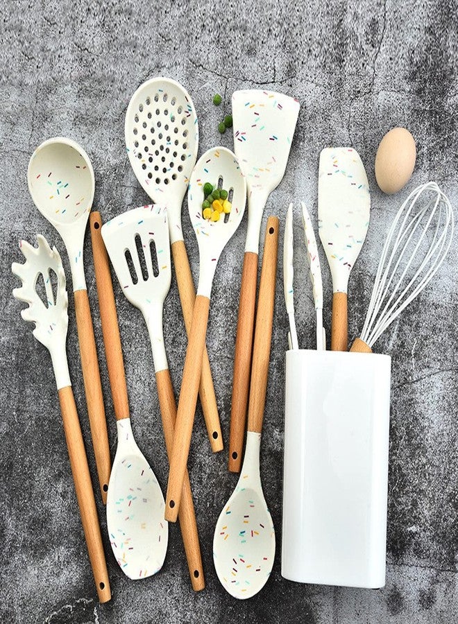 Mocrcrel Chef Kitchen Cooking Utensils Set, Wooden Handle Silicone Kitchen Gadgets Utensil Set,11 pcs Non-Stick Silicone Cooking Kitchen Utensils Spatula (White) - Image 3