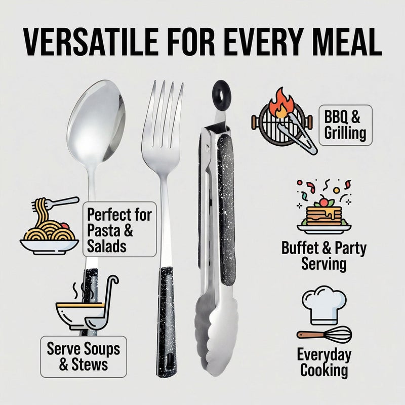 HAPPY KIT Stainless Steel Metal Serving Utensils - Set of Serving Spoons,Slotted Spoons, and Serving Tongs.serving fork,cake server - Image 3