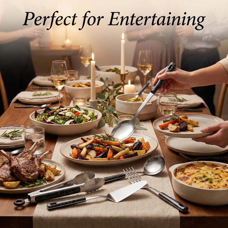 HAPPY KIT Stainless Steel Metal Serving Utensils - Set of Serving Spoons,Slotted Spoons, and Serving Tongs.serving fork,cake server - Image 5