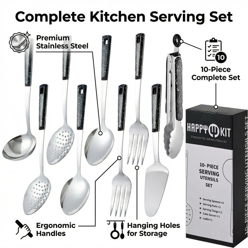 HAPPY KIT Stainless Steel Metal Serving Utensils - Set of Serving Spoons,Slotted Spoons, and Serving Tongs.serving fork,cake server - Image 4