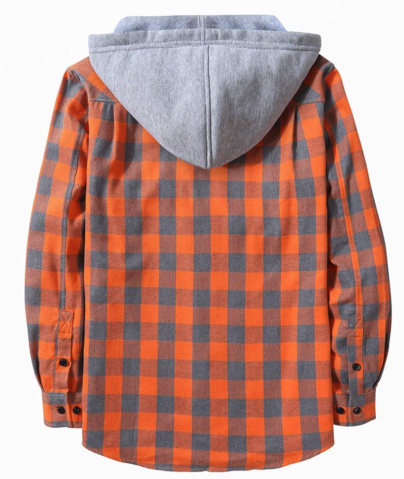ZITY Men's Flannel Hoodie Shirts Casual Button Down Plaid Shirt Jackets for Men Long Sleeve Stylish Hooded with Pocket Orange Grey Large - Image 4