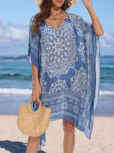 Moss Rose Women's Swimsuit Cover up Beach Kaftan for Bathing Suit with Floral Pattern Blue - Image 3