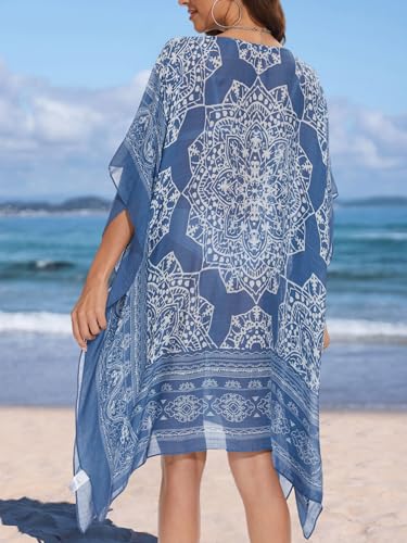 Moss Rose Women's Swimsuit Cover up Beach Kaftan for Bathing Suit with Floral Pattern Blue - Image 4
