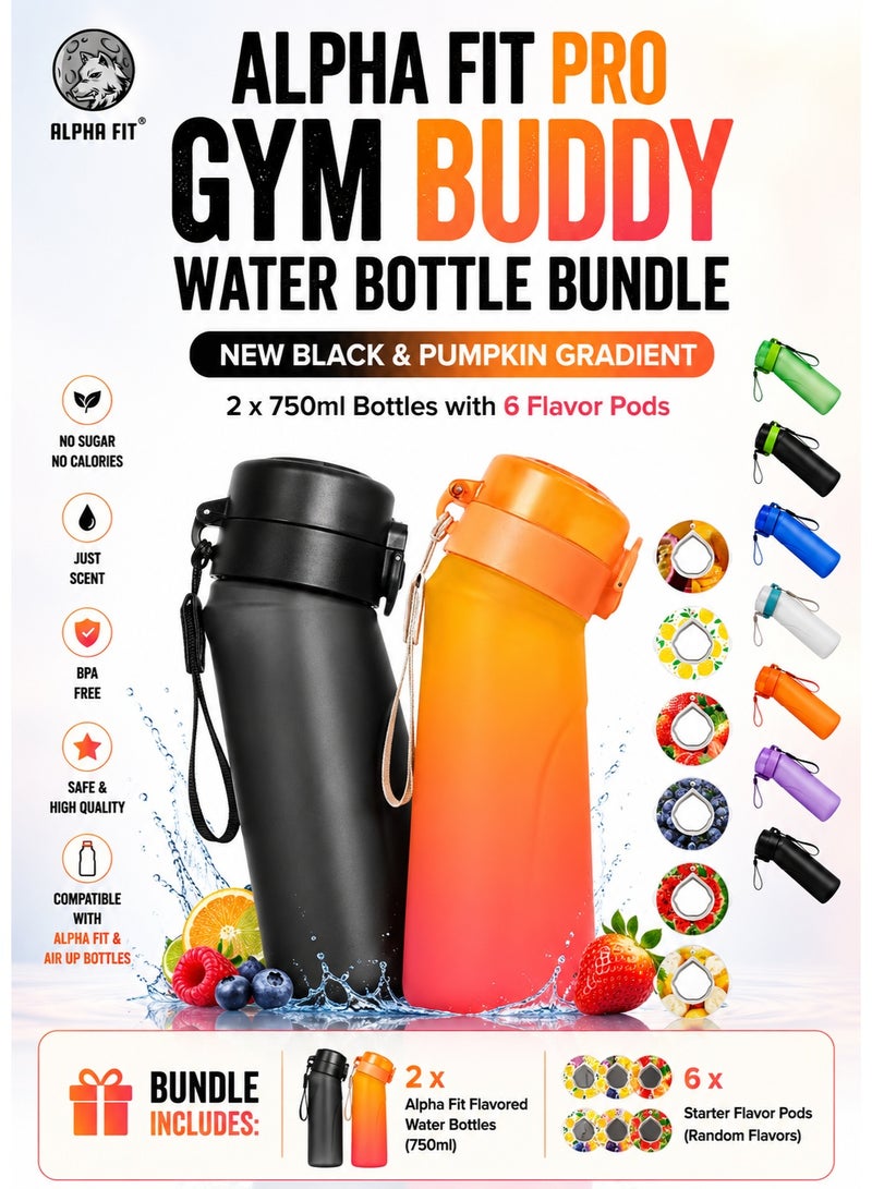 ألفا فت مجموعة Alpha Fit الرياضية المزدوجة لقوارير المياه المنكّهة – أسود جديد وبرتقالي، زجاجتان مانعتان للتسرب مع 6 كبسولات نكهة، متوافقة مع زجاجة Air Up - Image 1