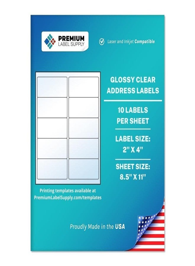 Premium Label Supply Glossy Clear Address Labels – 2" x 4" – Laser/Inkjet Compatible – (10 per Sheet), 25 Sheets – 250 Total Adhesive Labels - Image 1