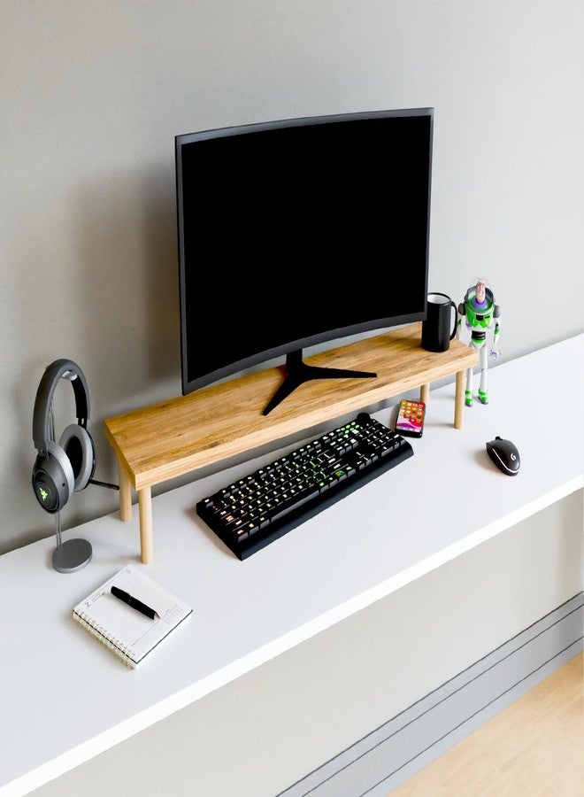 Furpinea Monitor Stand Riser for Desk - 35.5" Extra Wide Computer Monitor Shelf, Solid Wood Desktop Organizer for Dual Screens, Laptop, or TV, 4.5" Height Ergonomic Riser with Storage Space - Image 1