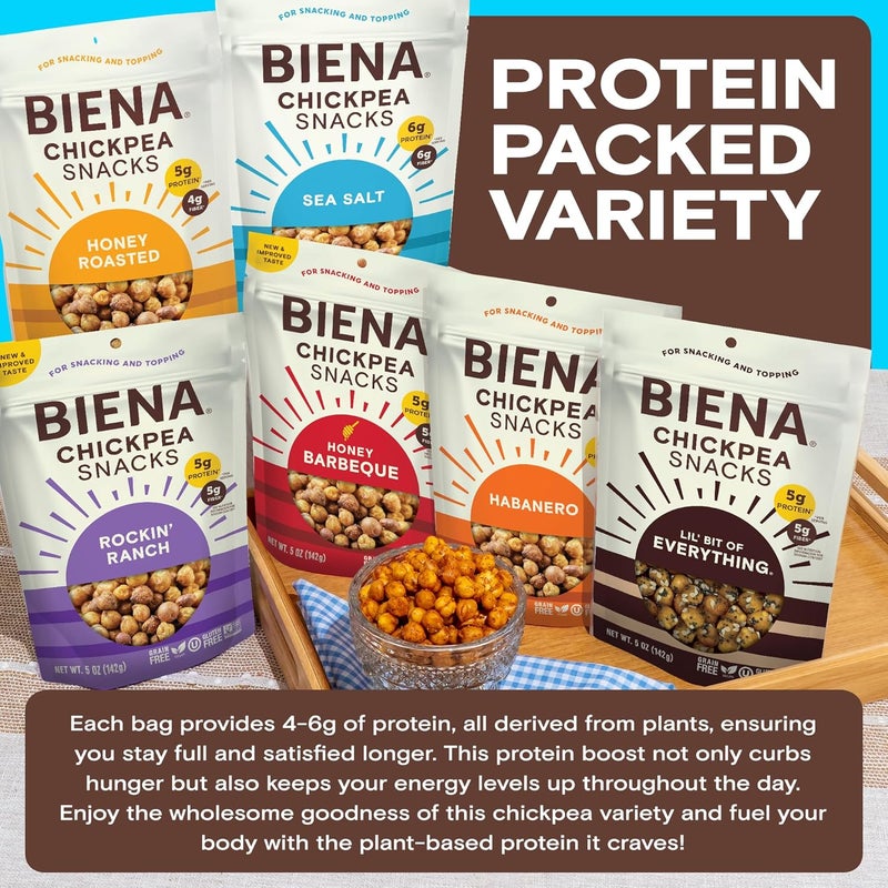 BIENA Chickpea Snacks Variety Pack - Crunchy Roasted Chickpeas with BBQ, Habanero, Honey Roasted, Lil' Bit of Everything, Sea Salt, and Rockin' Ranch - 6-Pack, 5 oz Bags - Image 2