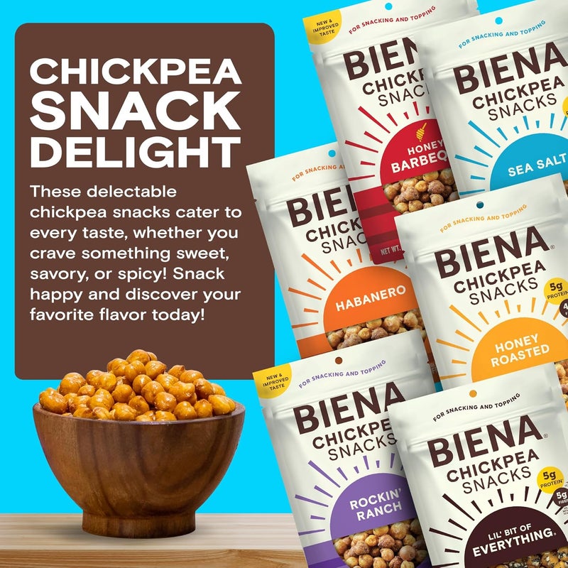 BIENA Chickpea Snacks Variety Pack - Crunchy Roasted Chickpeas with BBQ, Habanero, Honey Roasted, Lil' Bit of Everything, Sea Salt, and Rockin' Ranch - 6-Pack, 5 oz Bags - Image 3