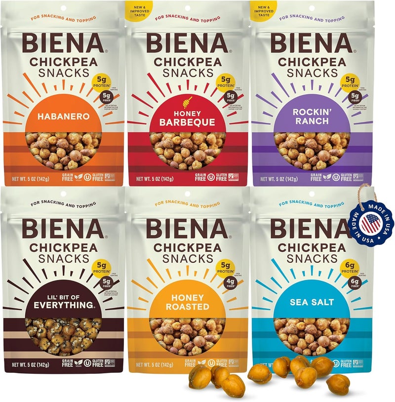 BIENA Chickpea Snacks Variety Pack - Crunchy Roasted Chickpeas with BBQ, Habanero, Honey Roasted, Lil' Bit of Everything, Sea Salt, and Rockin' Ranch - 6-Pack, 5 oz Bags - Image 1