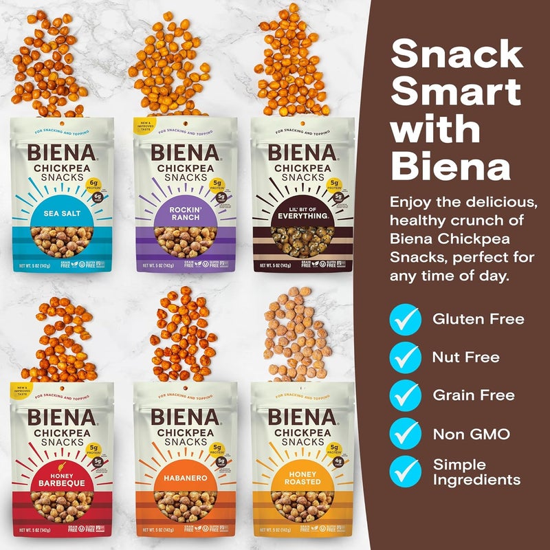 BIENA Chickpea Snacks Variety Pack - Crunchy Roasted Chickpeas with BBQ, Habanero, Honey Roasted, Lil' Bit of Everything, Sea Salt, and Rockin' Ranch - 6-Pack, 5 oz Bags - Image 5