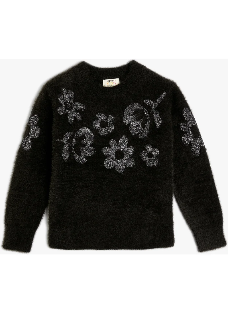 كوتون Plush Sweater Floral Patterned Long Sleeve Crew Neck