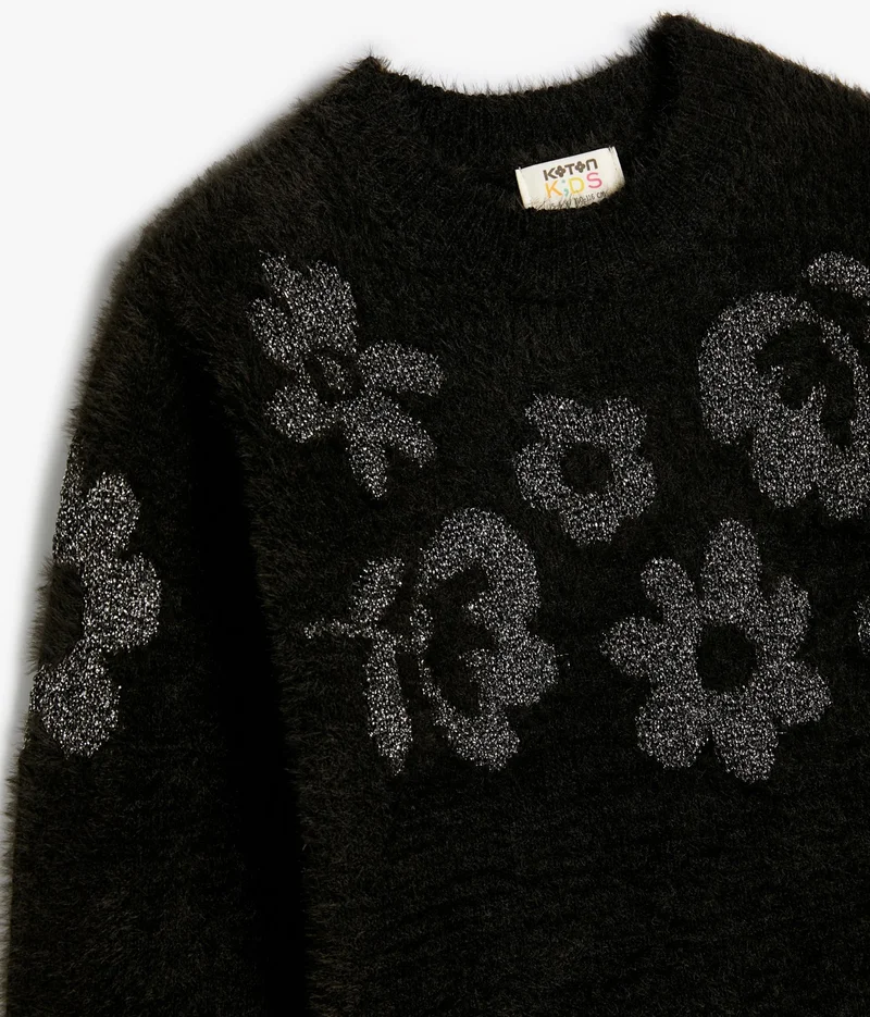 كوتون Plush Sweater Floral Patterned Long Sleeve Crew Neck