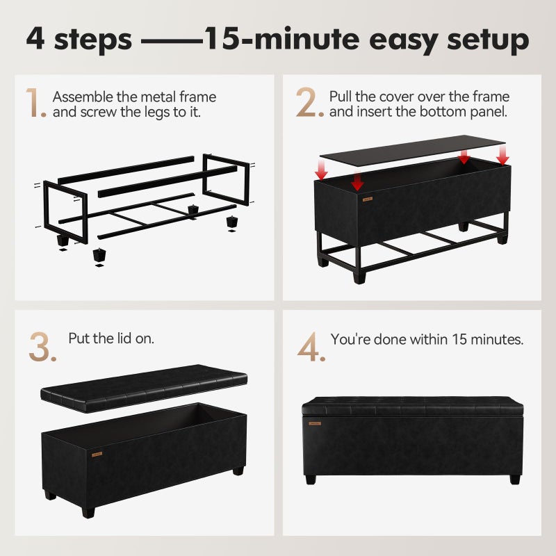 ABHENG Synthetic leather Storage ottoman bench with legs,43.5â€W x 15.7â€D x 15.7â€H,metal frame end of bed bench hold up to 770 LB,Large Storage Chest hold up to 770 LB,Black UASND622B - Image 5