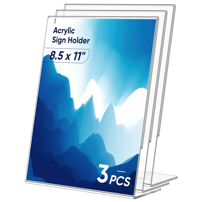 Dooiclear 3 Pack Acrylic Sign Holder 8.5x11 Inches, Clear Display Holder, L-Shape Vertical Menu Holder Stand, Flyer Display Stand, Table Paper Holder, Plastic Sign Display Stand for Restaurants, Store, Office - Image 1