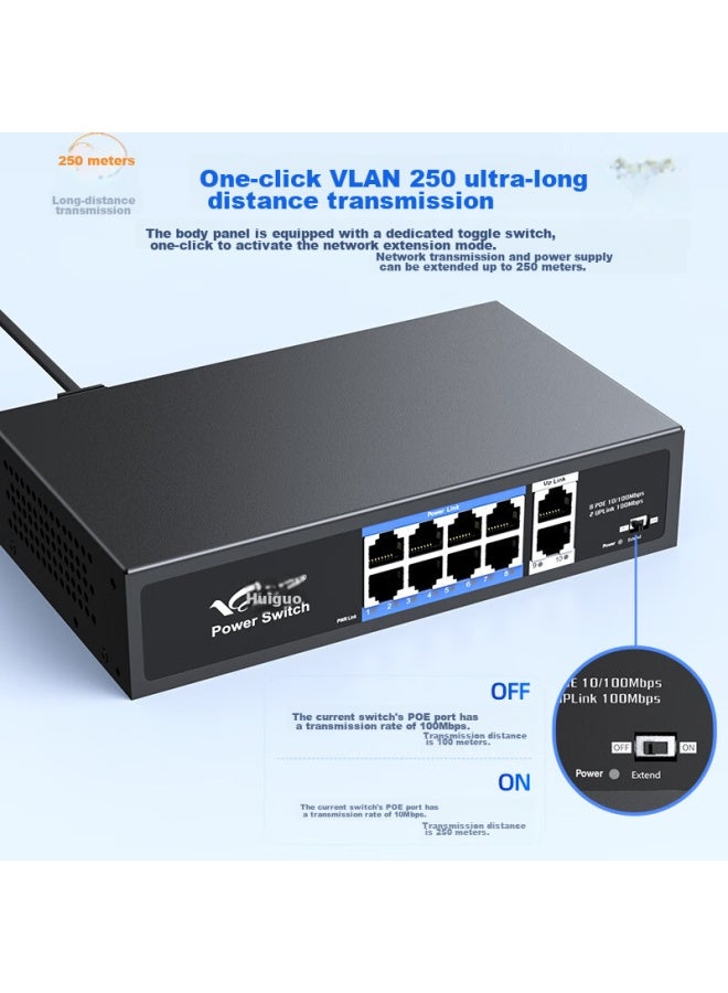 Smart Valley Huigu, 100mbps 10-port Poe Switch, 8 Gigabit Poe + 2 Gigabit Ports, Surveillance Camera Ap Network Cable Power Switch Splitter, Hg-2010fp - Image 4