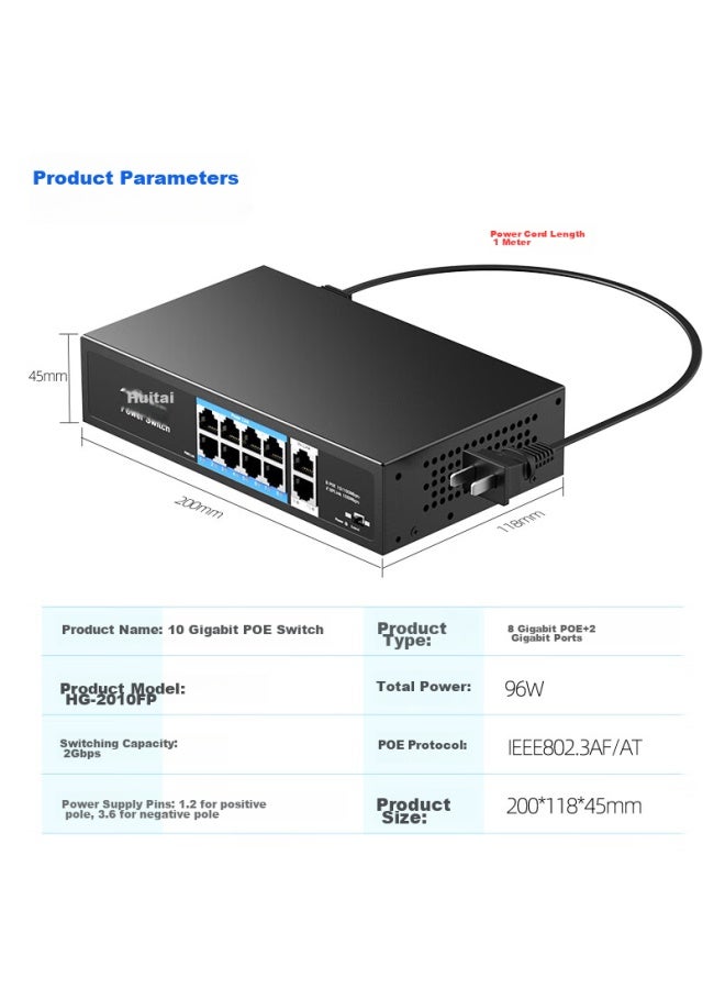 Smart Valley Huigu, 100mbps 10-port Poe Switch, 8 Gigabit Poe + 2 Gigabit Ports, Surveillance Camera Ap Network Cable Power Switch Splitter, Hg-2010fp - Image 1