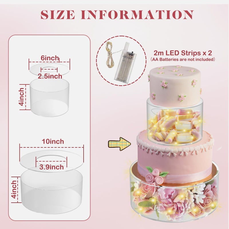 SAMYUCHO 2 Pcs Acrylic Cake Stand 6" Dx4 H 10" Dx4 H with Led Lights for Party Wedding Cake Stand Clear Cake Cupcake Display Stand Centerpiece Tier Floating Cup Cake Supports Stands for Stacking - Image 2