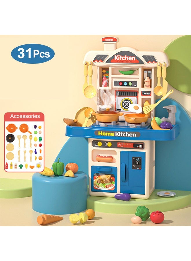 Kitchen Playset for Kids,51cm High Kitchen Pretend Play Toy Set with Realistic Lights and Sounds,Simulation of Spray and Play Sink,Fruit Vegetable Tea Playset and Cookware Set Fruit,31Pcs Fashion Kitchen Toys Set, Kitchen Sink Toys with Flowing Water for 3+ Year Old Boys and Girls,Blue - Image 3