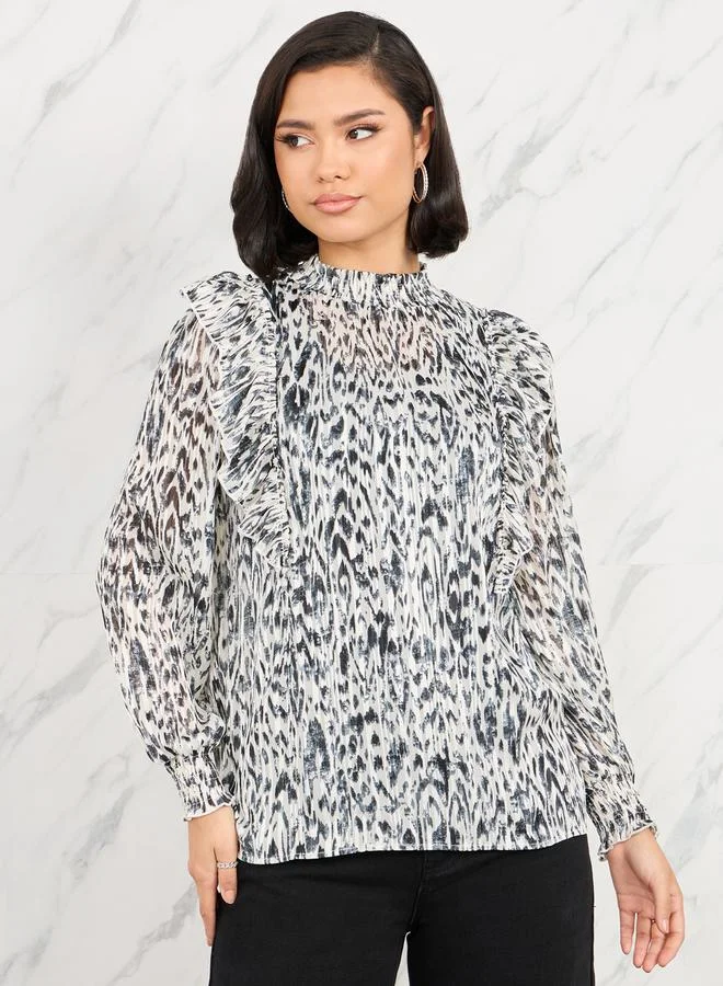 Take Two Ruffle Detail Metal Leopard Print Blouse