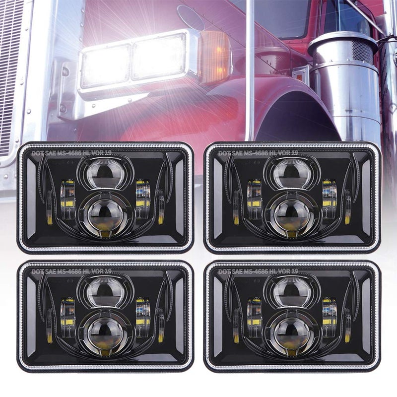 ZOFFROAD 4pcs 60W 4x6 Inch LED Headlights DOT Approved Rectangular H4651 H4652 H4656 H4666 H6545 Headlight Replacement Compatible with KW Freightliner Peterbilt Oldsmobile Cutlass Black