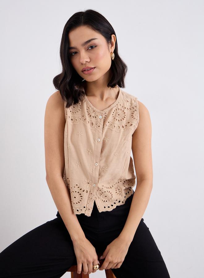 Styli Beige Embroidered Sleeveless Top - Image 5
