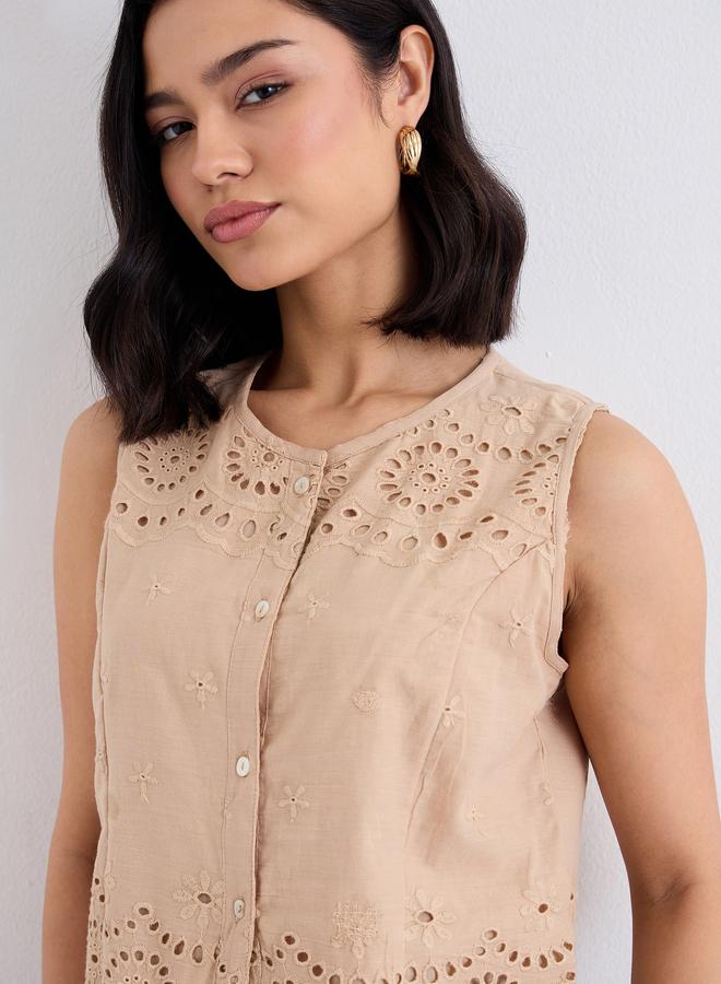 Styli Beige Embroidered Sleeveless Top - Image 3