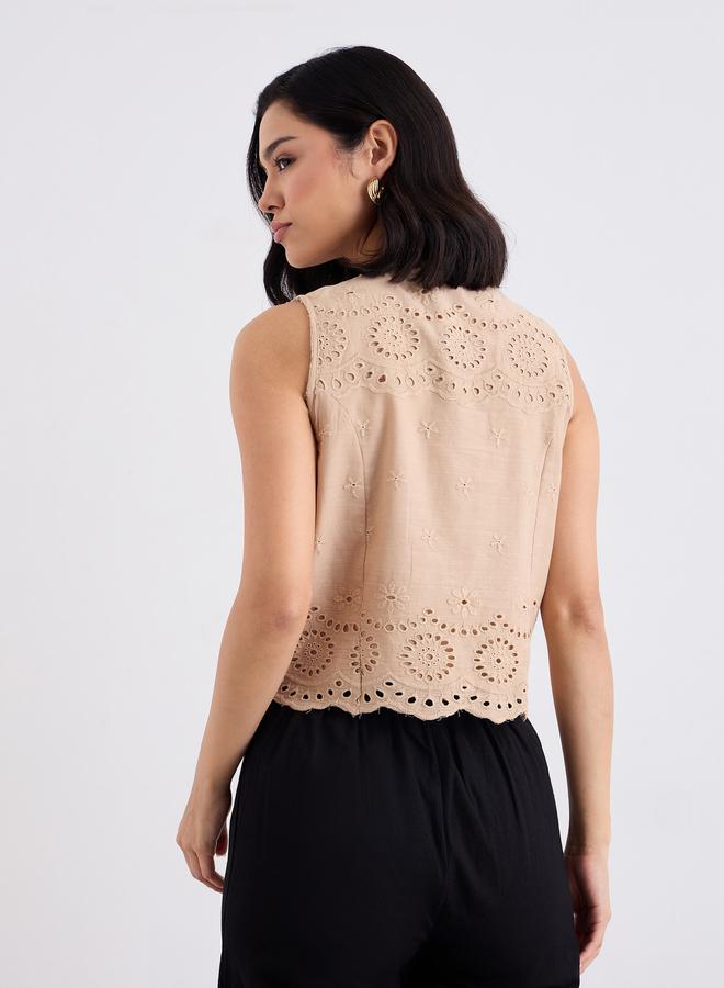 Styli Beige Embroidered Sleeveless Top - Image 4