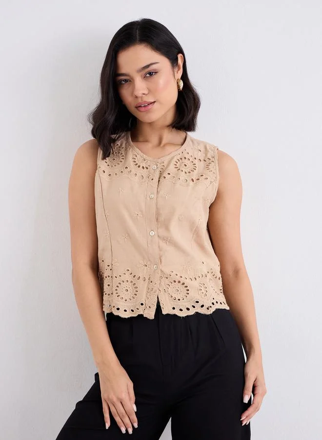 Styli Styli Beige Embroidered Sleeveless Top