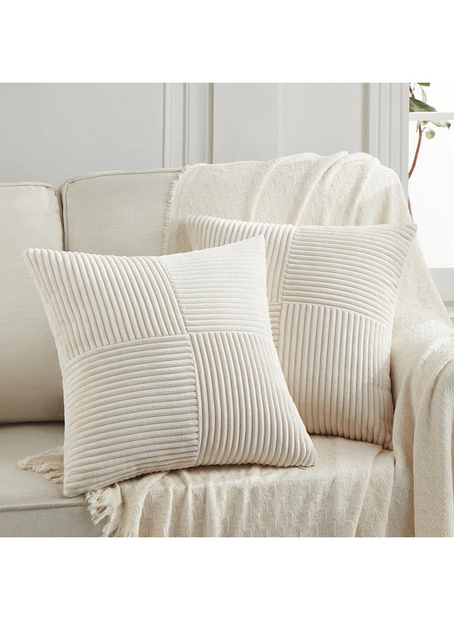 Fancy Homi Fancy Homi 2 Packs Boho Cream Decorative Throw Pillow Covers 18x18 Inch for Living Room Couch Bed Sofa, Rustic Farmhouse Home Decor, Soft Corss Corduroy Patchwork Textured Square Cushion Case 45x45 cm - Image 1