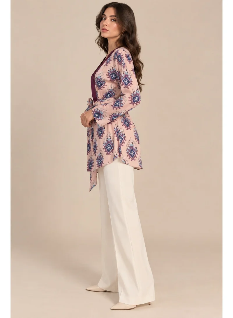 2Trendy Women's Pink Kimono Jacket Hip Length with Ikat Print, Waist Belt and Burgundy Trim
