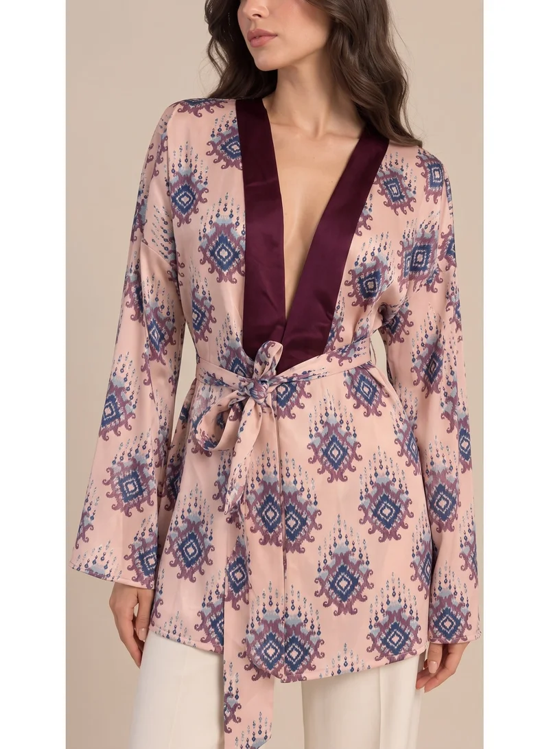 2Trendy Women's Pink Kimono Jacket Hip Length with Ikat Print, Waist Belt and Burgundy Trim