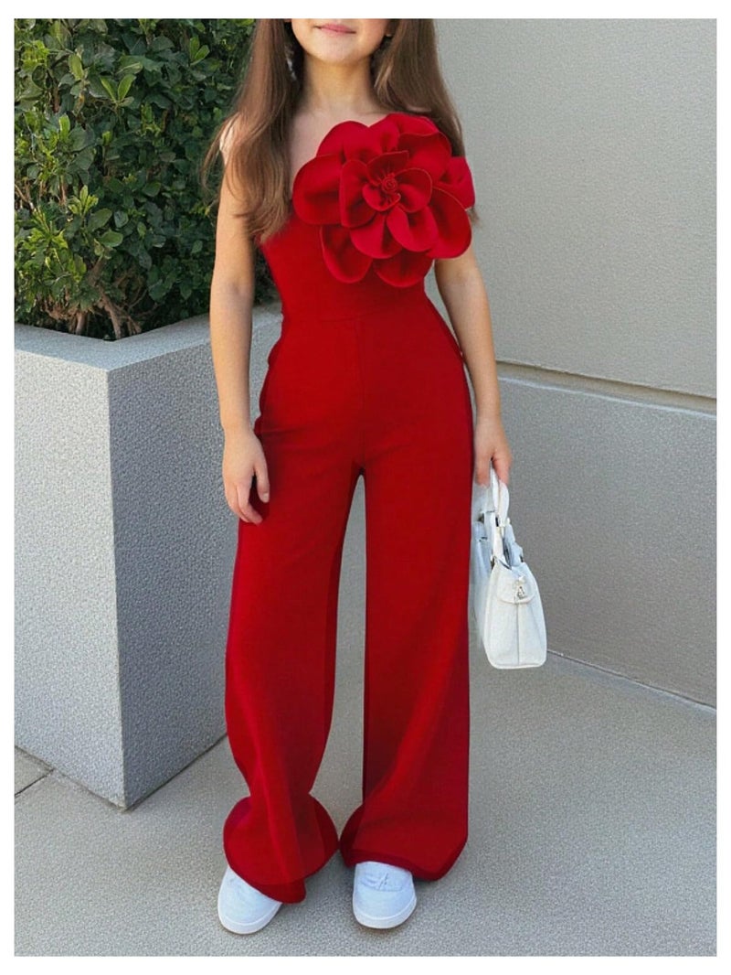 OYOANGLE Girl's 3D Floral Tank Jumpsuits Sleeveless Asymmetrical Neck Straight Leg Long Pants Rompers Red 9Y - Image 2