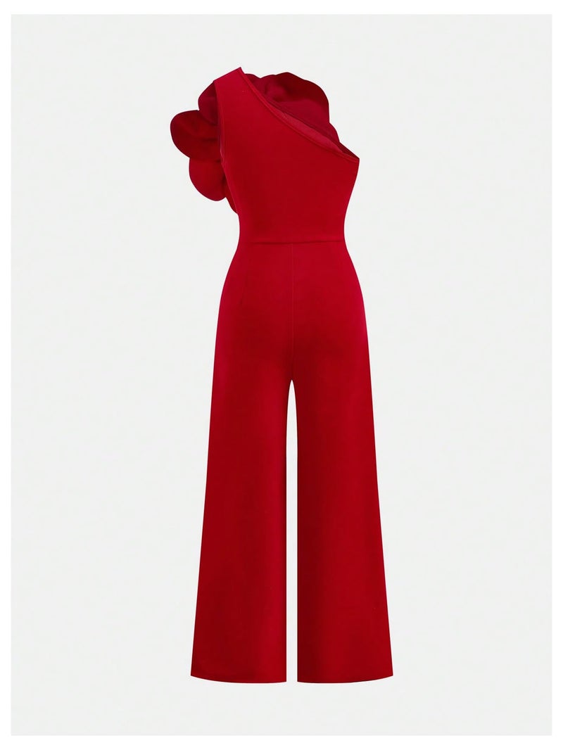 OYOANGLE Girl's 3D Floral Tank Jumpsuits Sleeveless Asymmetrical Neck Straight Leg Long Pants Rompers Red 9Y - Image 3
