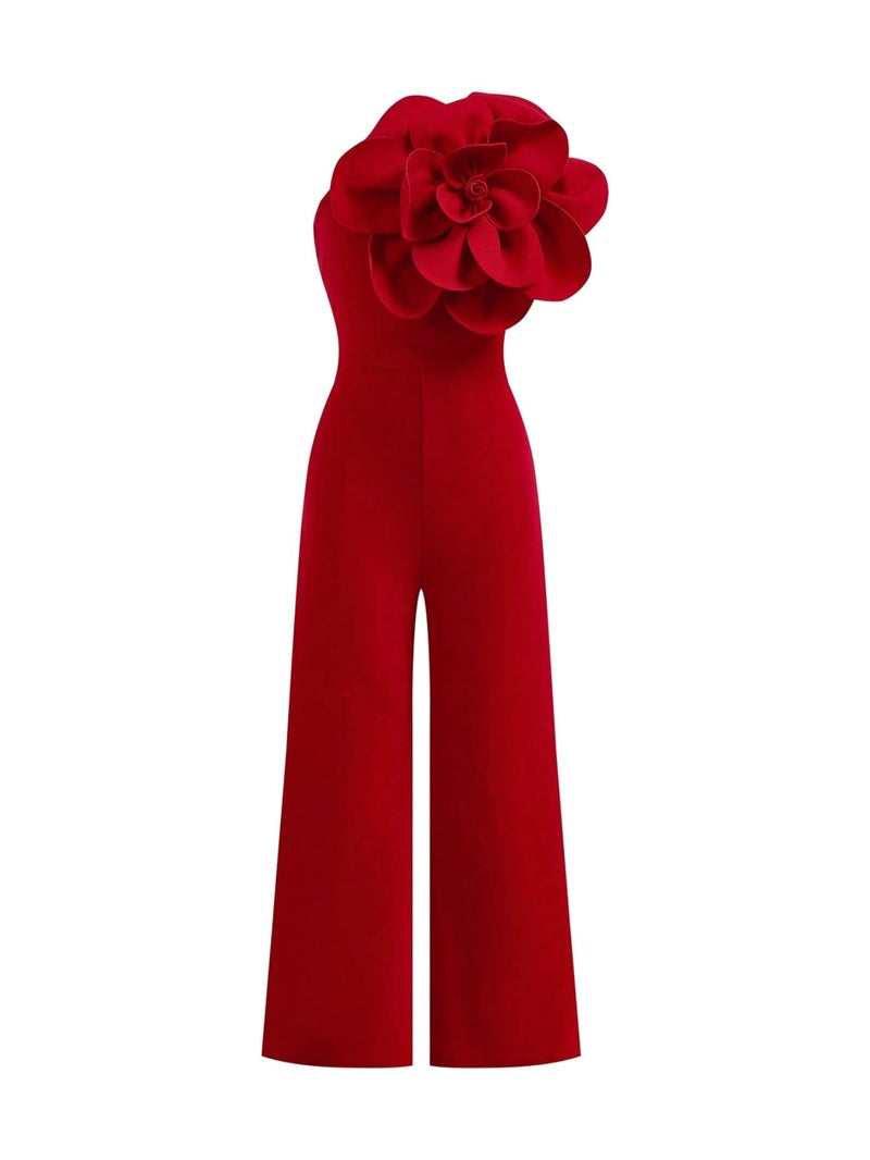 OYOANGLE Girl's 3D Floral Tank Jumpsuits Sleeveless Asymmetrical Neck Straight Leg Long Pants Rompers Red 9Y - Image 1
