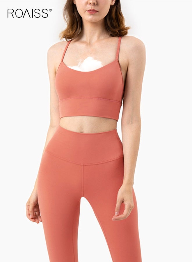 رويس حمالة صدر رياضية نسائية، حمالة صدر رياضية خفيفة الوزن بدون درزات لليوجا، حمالة صدر رياضية بدون أسلاك بدون ظهر، مثالية للصالة الرياضية والبيلاتس والتمارين الرياضية، تجربة مريحة تمتص الرطوبة، لون أحمر مرجاني - Image 1