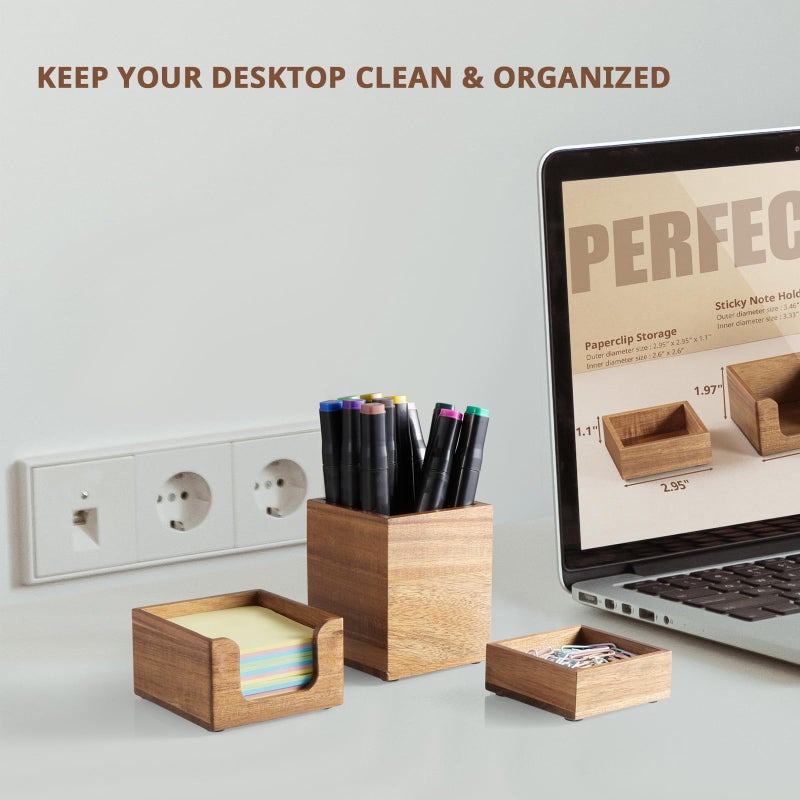 CMLKLZD Desk Organizer Set of 3 - Acacia Wood Office Desk Accessories - Desk Organizers and Accessories for Women Men - Set incl. Pencil Pen Holder, Paperclip Storage and Sticky Note Holder - Image 3