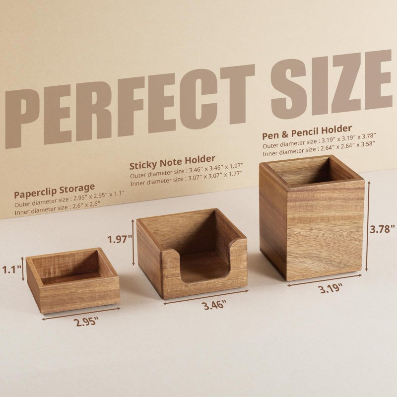 CMLKLZD Desk Organizer Set of 3 - Acacia Wood Office Desk Accessories - Desk Organizers and Accessories for Women Men - Set incl. Pencil Pen Holder, Paperclip Storage and Sticky Note Holder - Image 2