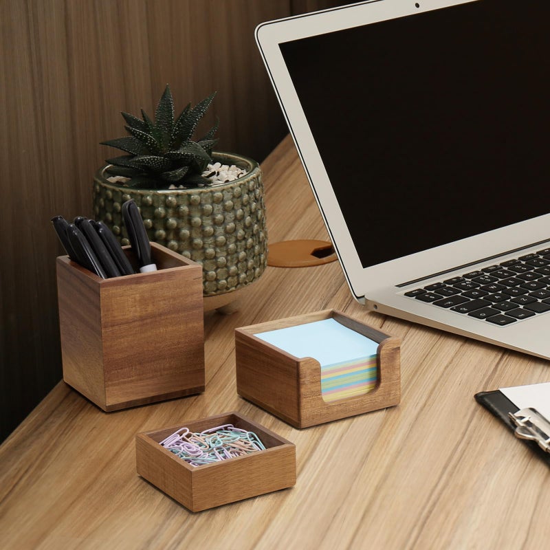 CMLKLZD Desk Organizer Set of 3 - Acacia Wood Office Desk Accessories - Desk Organizers and Accessories for Women Men - Set incl. Pencil Pen Holder, Paperclip Storage and Sticky Note Holder - Image 4