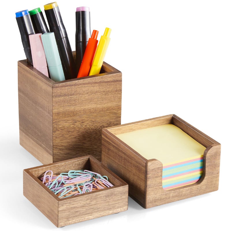 CMLKLZD Desk Organizer Set of 3 - Acacia Wood Office Desk Accessories - Desk Organizers and Accessories for Women Men - Set incl. Pencil Pen Holder, Paperclip Storage and Sticky Note Holder - Image 1