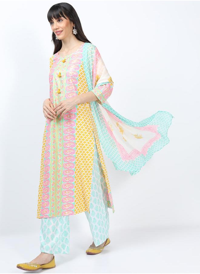 Vishudh Pack of 3 - Paisley Print Kurta, Palazzos & Dupatta by Styli  - Image 2