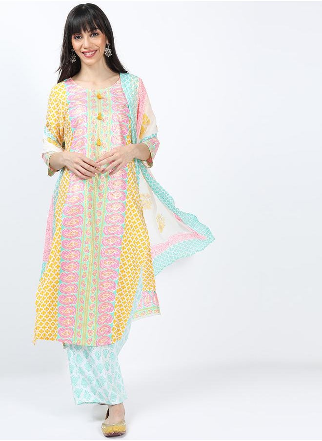 Vishudh Pack of 3 - Paisley Print Kurta, Palazzos & Dupatta by Styli  - Image 1