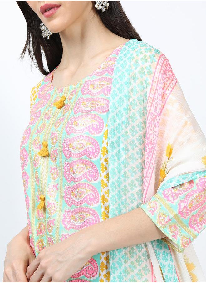Vishudh Pack of 3 - Paisley Print Kurta, Palazzos & Dupatta by Styli  - Image 4
