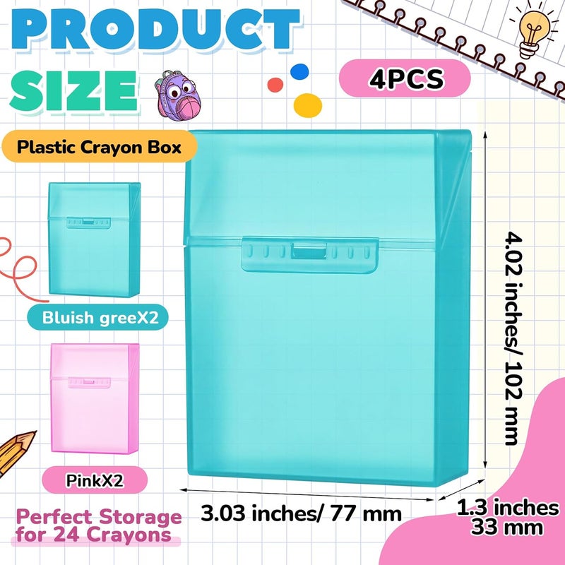 Clabby 4 Pcs Plastic Crayon Organizer Case for 24 Count Crayons Kids Art Supply Storage Box with Lid, Portable Holder for Classroom Home Travel, Fits Standard 24-Pack Crayon (Teal,Pink) - Image 2