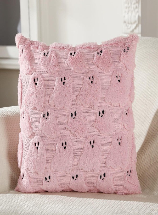 Tegeme Set of 2 Halloween Pillow Covers 18x18 Inch Ghost Throw Pillow Cases Soft Plush Couch Cushion Case for Chair Sofa Bedroom Living Room Home Decor(Pink) - Image 2