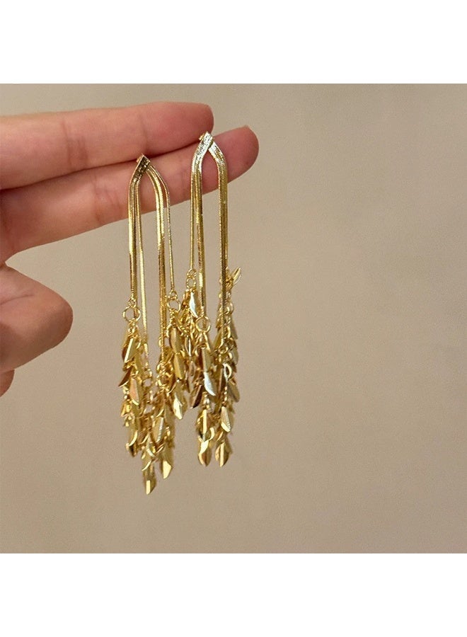 Gold Plated Women's Long Leaf Tassel Earrings Elegant Dainty Versatile for Daily & Special Occasions - Image 4